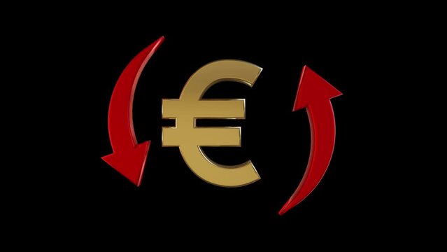 Euro symbol and rotating red arrows, on black background. Currency value, exchange and economy concept.