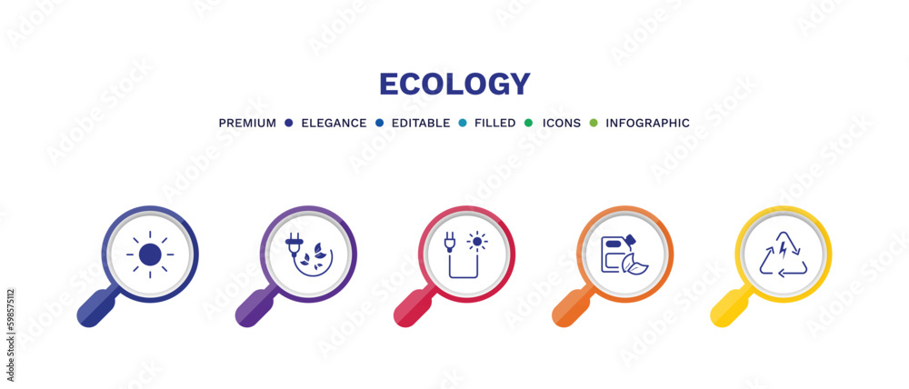 Wall mural set of ecology filled icons. ecology filled icons with infographic template. flat icons such as sunlight, eco energy power, solar plug, bio fuel, renewable energy vector.