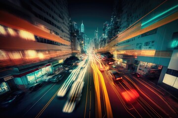 busy city street at night with heavy traffic and bright lights. Generative AI Generative AI