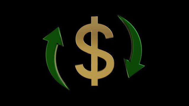 Dollar symbol and rotating green arrows, on black background. Currency value, exchange and economy concept.
