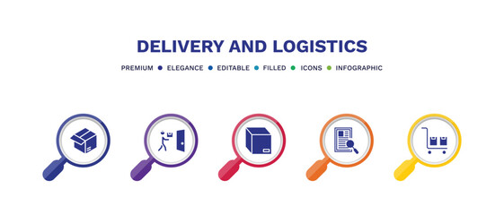 set of delivery and logistics filled icons. delivery and logistics filled icons with infographic template. flat icons such as parcel, delivery door, box, waybill, package on trolley vector.