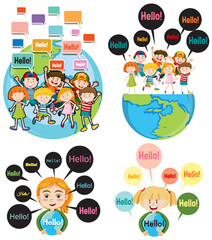 Hello greeting with cartoon characters set