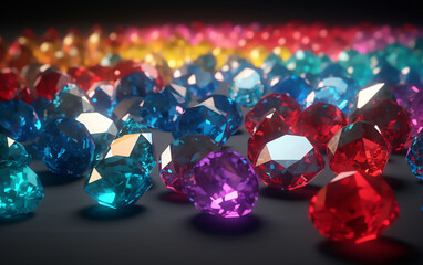 Piles of colorful gemstones on black background. Generative AI technology.