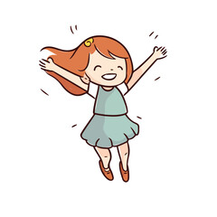Cute happy little girl jump and rise hand cartoon flat character vector illustration