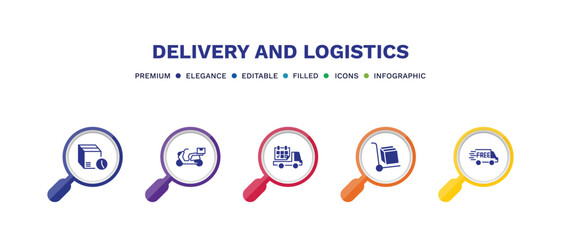 set of delivery and logistics filled icons. delivery and logistics filled icons with infographic template. flat icons such as delivery time, scooter date, freight, free vector.