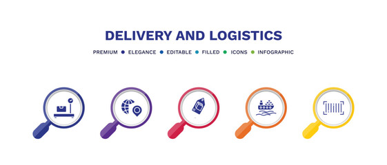 set of delivery and logistics filled icons. delivery and logistics filled icons with infographic template. flat icons such as delivery weighing, distribution, tag, ocean transportation, barcode