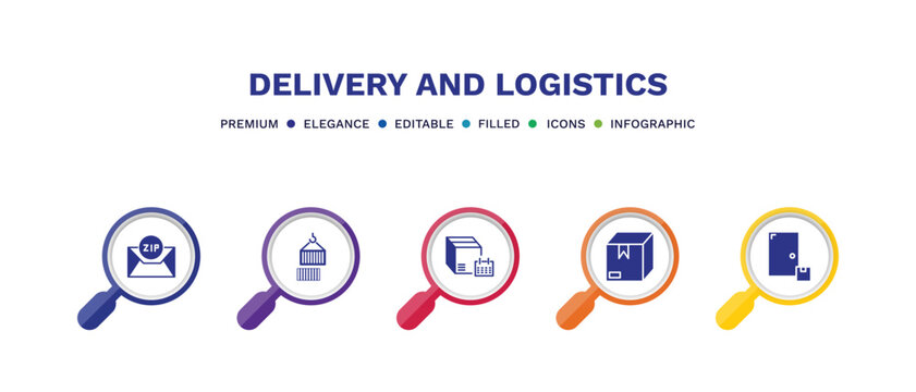 set of delivery and logistics filled icons. delivery and logistics filled icons with infographic template. flat icons such as zip code, delivery containers, schedule, package, on door vector.