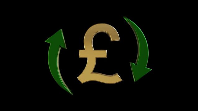 Sterling Pound symbol and rotating green arrows, on black background. Currency value, exchange and economy concept.