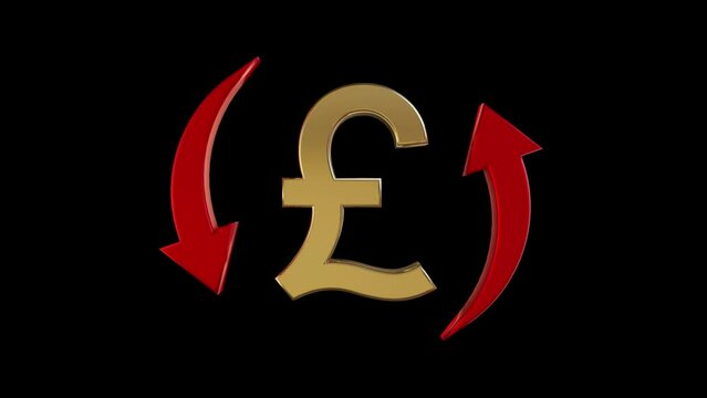 Sterling Pound symbol and rotating red arrows, on black background. Currency value, exchange and economy concept.