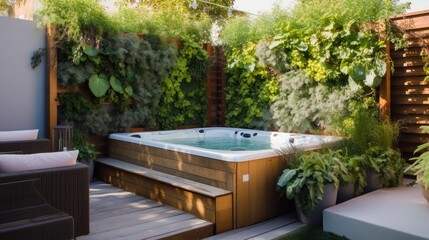 Fototapeta na wymiar An urban oasis with a green living wall a hot tub, generative ai