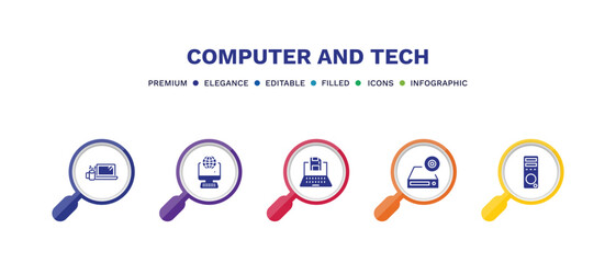 set of computer and tech filled icons. computer and tech filled icons with infographic template. flat icons such as morning work, surfing the net, save file, dvd drive, pc tower vector.