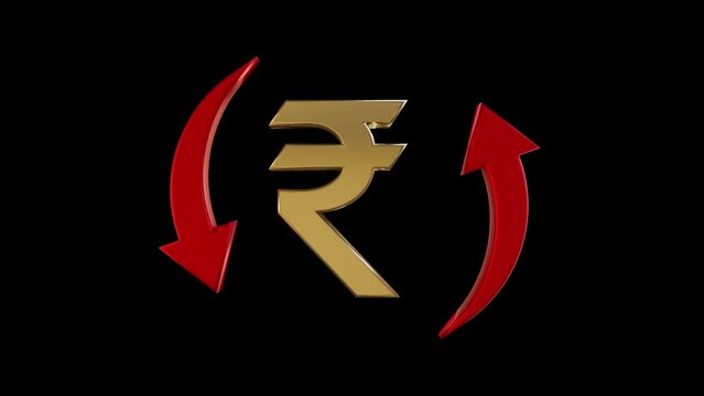 Rupee symbol and rotating red arrows, on black background. Currency value, exchange and economy concept.