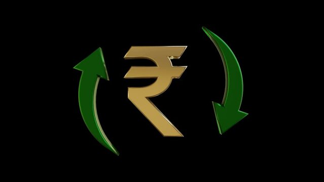 Rupee symbol and rotating green arrows, on black background. Currency value, exchange and economy concept.