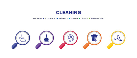 set of cleaning filled icons. cleaning filled icons with infographic template. flat icons such as floor cleaner, wiping dustpan, virus cleanin, wiping trash, vacuum cleanin vector.