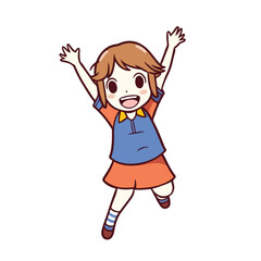 Cute happy little girl jump and rise hand cartoon flat character vector illustration