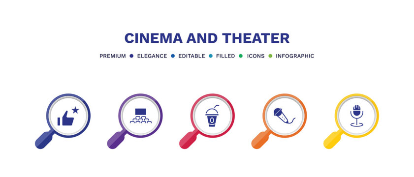 set of cinema and theater filled icons. cinema and theater filled icons with infographic template. flat icons such as thumb up with star, cinema audience, take away drink, movie microphone, studio
