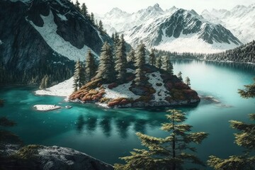 serene mountain lake with towering pine trees in the background. Generative AI Generative AI