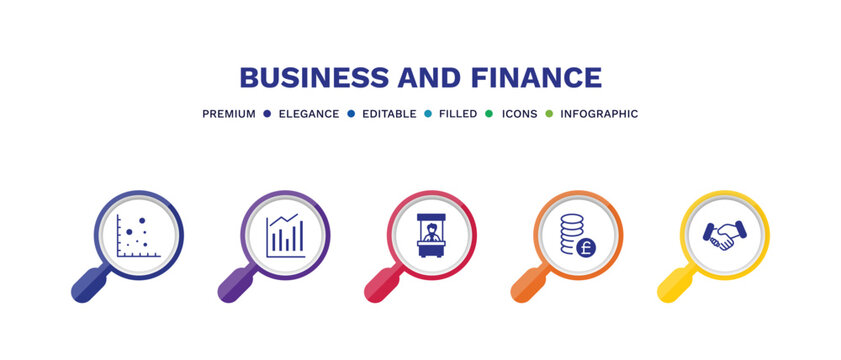 set of business and finance filled icons. business and finance filled icons with infographic template. flat icons such as scatter chart, measure success, bank teller, pounds coins stack, shaking