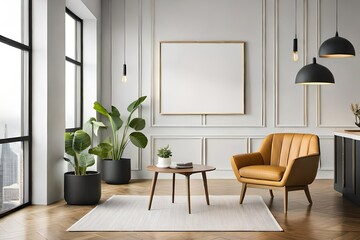 Blank wooden picture frame mockup on wall in modern living room. Horizontal artwork template mock up for artwork, painting, photo or poster in interior design