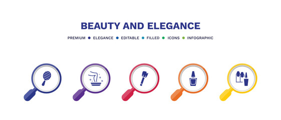 set of beauty and elegance filled icons. beauty and elegance filled icons with infographic template. flat icons such as inclined hairbrush, pedicure, inclined makeup brush, nail polish, manicure