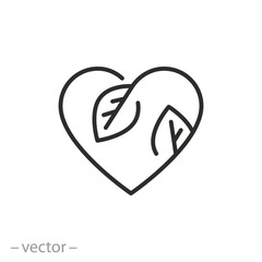 heart with leafs icon, friendly vegan concept, eco or herbal care, nature love, thin line symbol - editable stroke vector illustration