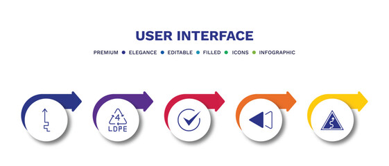 set of user interface filled icons. user interface filled icons with infographic template.flat icons such as arrow heading up, 4 ldpe, right, rewind, curvy road warning vector.