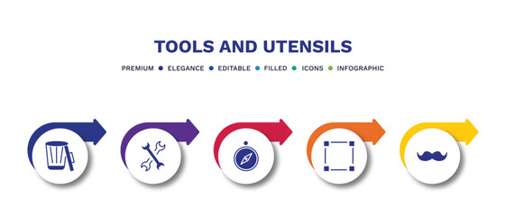 set of tools and utensils filled icons. tools and utensils filled icons with infographic template.flat icons such as trash can open, cross wrench, orientation compass, basic square, moustaches