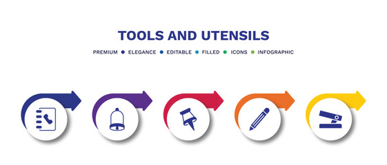 set of tools and utensils filled icons. tools and utensils filled icons with infographic template.flat icons such as telephone agenda, hanging bell, tack save button, pencil tool, hole puncher