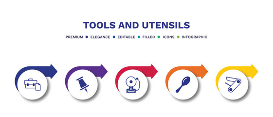 set of tools and utensils filled icons. tools and utensils filled icons with infographic template.flat icons such as briefcase and document, school push pin, electric bell, large spoon, penknife