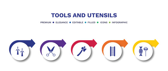 set of tools and utensils filled icons. tools and utensils filled icons with infographic template.flat icons such as windmills, shear, hand axe, hanging ladder, candies vector.