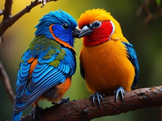 Birds kissing each other, cute and colorful birds, kissing on a tree branch. Romantic and Dramatic feeling, Beautiful light. Generative AI.