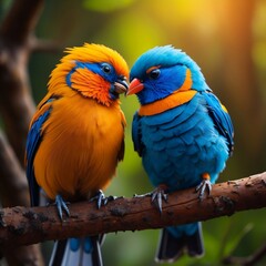 Obraz premium Birds kissing each other, cute and colorful birds, kissing on a tree branch. Romantic and Dramatic feeling, Beautiful light. Generative AI.