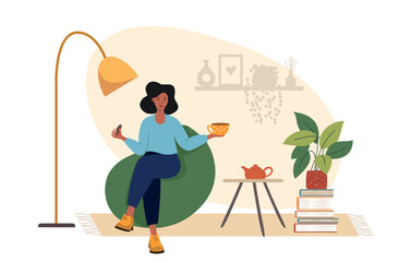 Young woman drinking coffee or tea, eating cookies on chair bag at the living room. Leisure concept for banner, website design or landing web page. Cartoon flat vector illustration