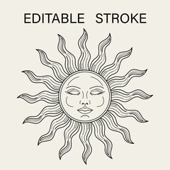 Sun with face, closed eyes. Vector illustration with editable stroke. Mythological fairytale character, alchemy and astrology symbol. Solar sign. Good for groovy, hippie style