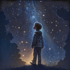 Fototapeta na wymiar the child looks into the starry sky. Generative AI