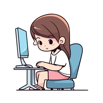 Cute little girl working and studying using computer desktop cartoon flat character vector illustration