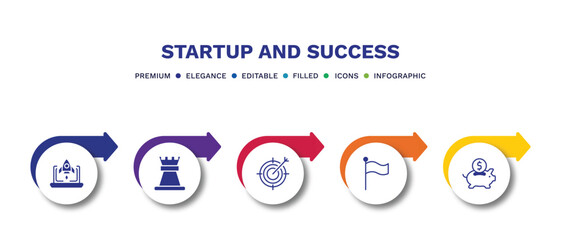 set of startup and success filled icons. startup and success filled icons with infographic template.flat icons such as startup laptop, rook, purpose, success flag, piggybank vector.
