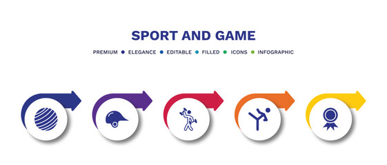 set of sport and game filled icons. sport and game filled icons with infographic template.flat icons such as gym ball, baseball helmet, excersice, taekwondo, golden medal vector.