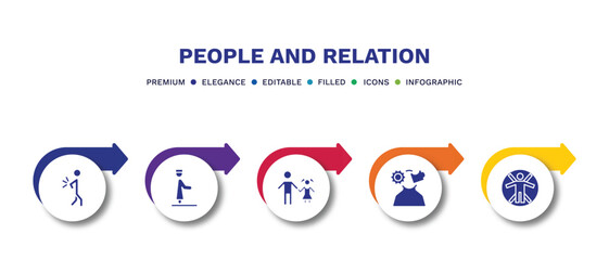 set of people and relation filled icons. people and relation filled icons with infographic template.flat icons such as spindle, qiyam, father and daughter, psychology, vitruvian man vector.