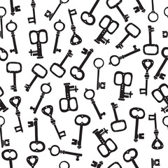 Old key seamless pattern doodle black and white illustration linocut style