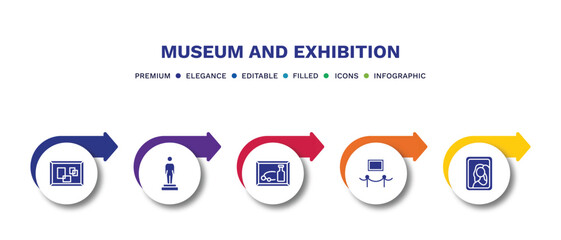 set of museum and exhibition filled icons. museum and exhibition filled icons with infographic template.flat icons such as pop art, statue, still life, exhibit, gioconda vector.
