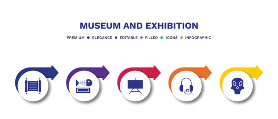 set of museum and exhibition filled icons. museum and exhibition filled icons with infographic template.flat icons such as paper scroll, fishbone, museum canvas, audio guide, remains vector.