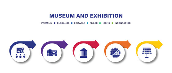 set of museum and exhibition filled icons. museum and exhibition filled icons with infographic template.flat icons such as tour, photographic, modern art, no photo, panel vector.