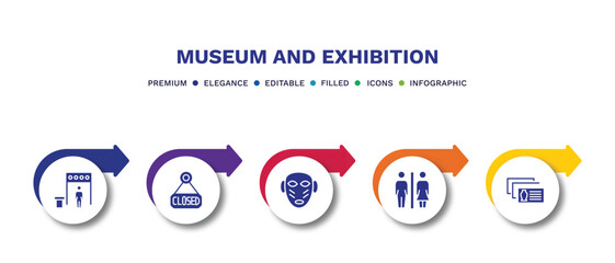 set of museum and exhibition filled icons. museum and exhibition filled icons with infographic template.flat icons such as metal detector, closed, african mask, restroom, postcards vector.