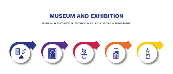 set of museum and exhibition filled icons. museum and exhibition filled icons with infographic template.flat icons such as poetry, el greco, botanical, archivist, venus de milo vector.