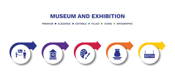 set of museum and exhibition filled icons. museum and exhibition filled icons with infographic template.flat icons such as excursion, cinema, palette, souvenir, exit vector.