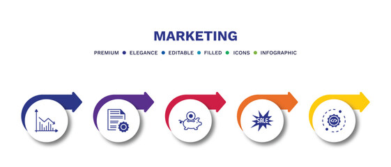 set of marketing filled icons. marketing filled icons with infographic template.flat icons such as marketing graph, content management, pig bank, sale, configuration vector.