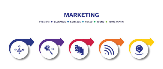 set of marketing filled icons. marketing filled icons with infographic template.flat icons such as diversify, analyze, flyer, rss, place vector.