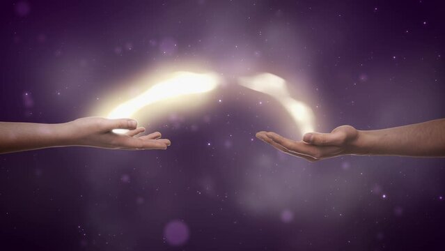 Visualization Of Two Hands Exchanging Bright Yellow Stream Of Magical Energy On Dreamy Dark Purple Background. Two People Spiritually Connecting, Charging Each Other With Positive Power Concept