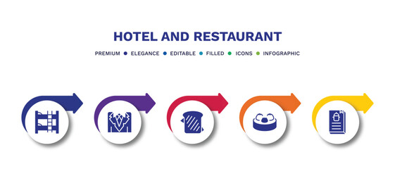 set of hotel and restaurant filled icons. hotel and restaurant filled icons with infographic template.flat icons such as bunk, suits, sandwich, dim sum, cookbook vector.